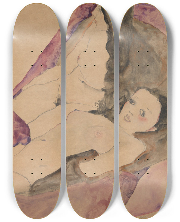 Triptych art skateboard deck of Egon Schiele Two Reclining Nudes by Egon Schiele (1890-1918)