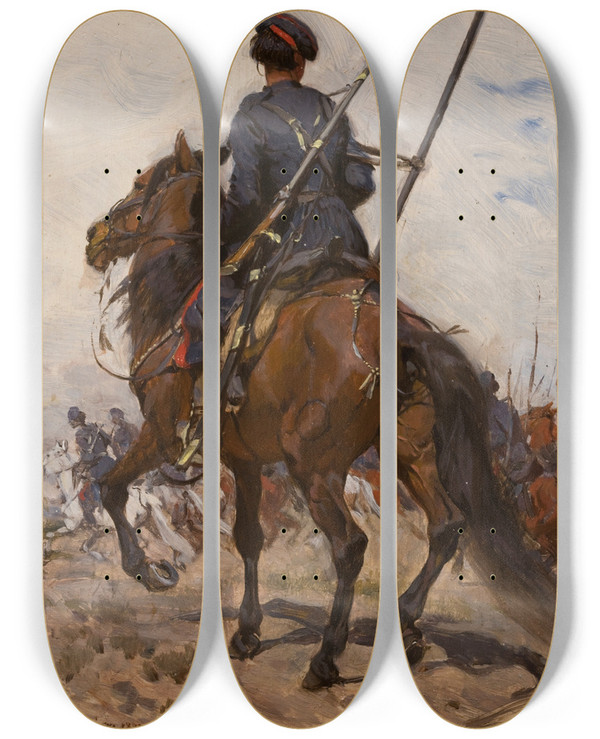 Triptych art skateboard deck of Jozef Chelmonski A Cossack by Jozef Chelmonski (1849-1914)