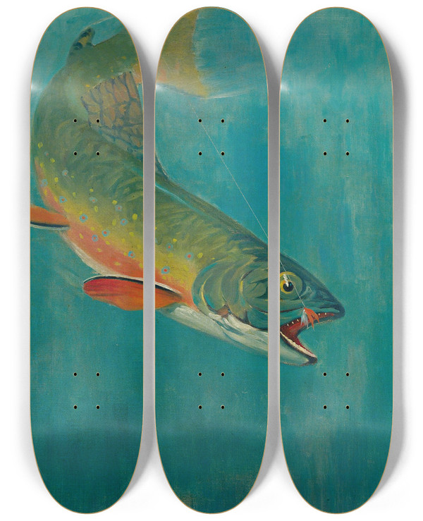 Triptych art skateboard deck of Philip R Goodwin Catching The Bait by Philip R Goodwin (1881-1935)