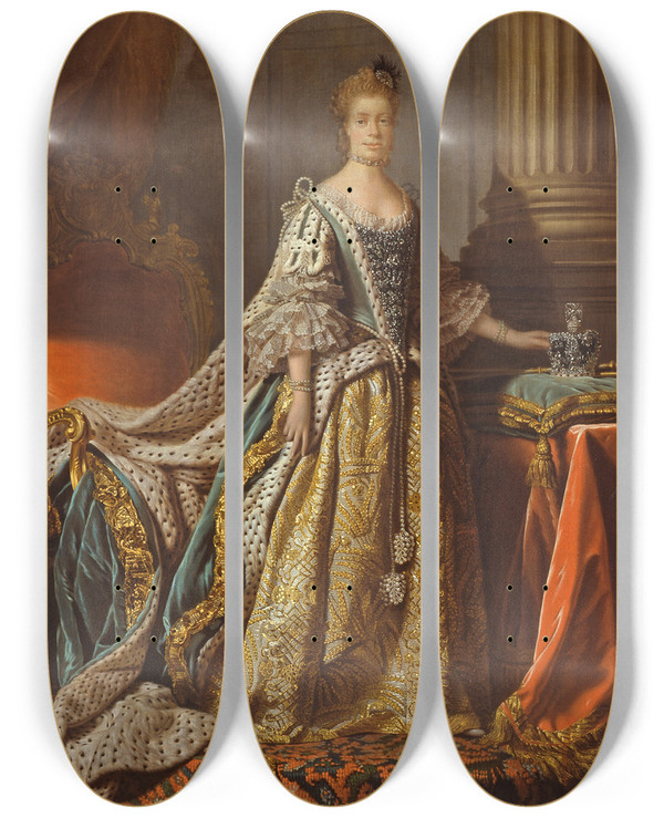 Triptych art skateboard deck of Allan Ramsay Queen Charlotte by Allan Ramsay (1713-1784)