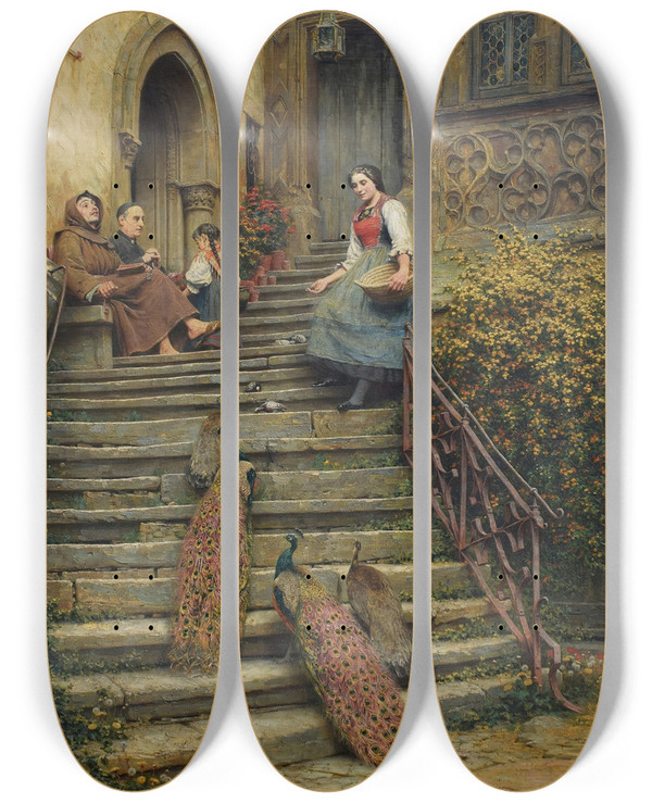 Triptych art skateboard deck of Arthur Wasse Sunday Morning by Arthur Wasse (1854-1930)