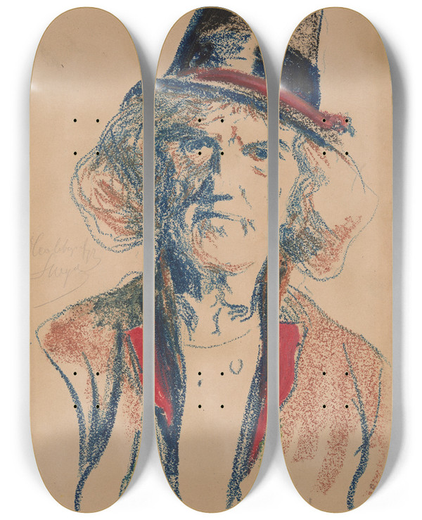 Triptych art skateboard deck of Leon Wyczkowski Bust Of A Cracow Peasant by Leon Wyczolkowski (1852-1936)