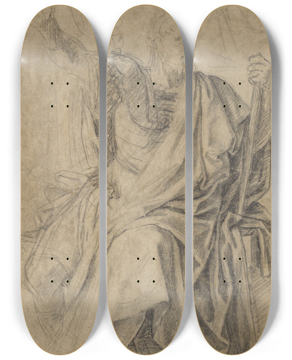 Triptych art skateboard deck of Eustache Le Sueur Study For The Figure Of Astasius by Eustache Le Sueur (1616-1655)