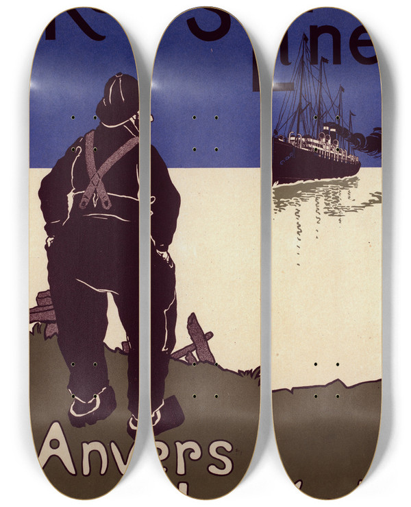 Triptych art skateboard deck of Henri Cassiers Red Star Line by Henri Cassiers (1858-1944)