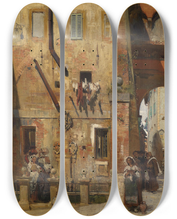 Triptych art skateboard deck of Theodor Josef Ethofer Gasse In Siena by Theodor Josef Ethofer (1849-1915)