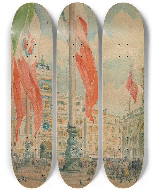 Triptych art skateboard deck of Henry Bacon Piazza San Marco by Henry Bacon (1839-1912)