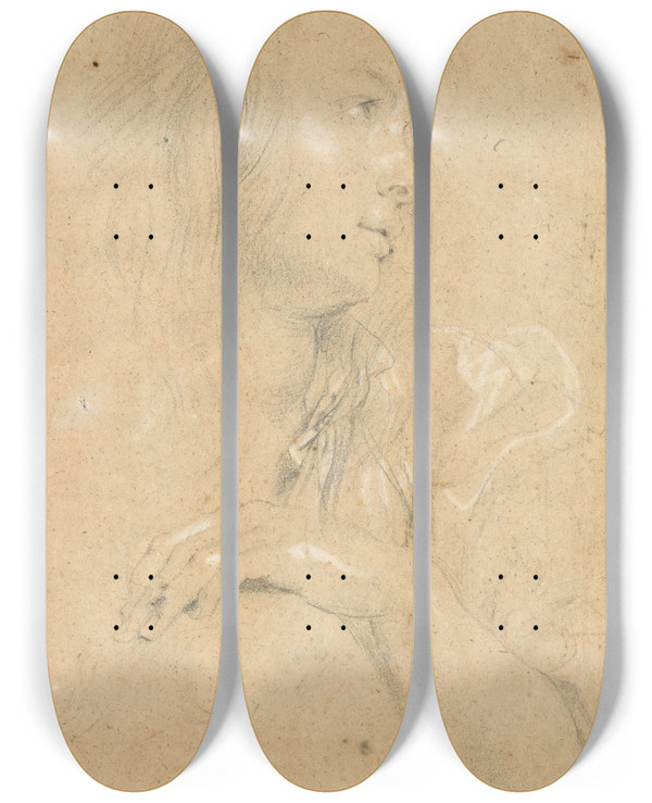 Triptych art skateboard deck of Peter Paul Rubens Young Woman In Profile by Peter Paul Rubens (1577-1640)