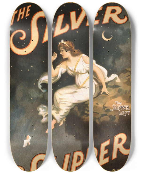 Triptych art skateboard deck of Strobridge And Co The Silver Slipper by Strobridge and Co (1910-1954)