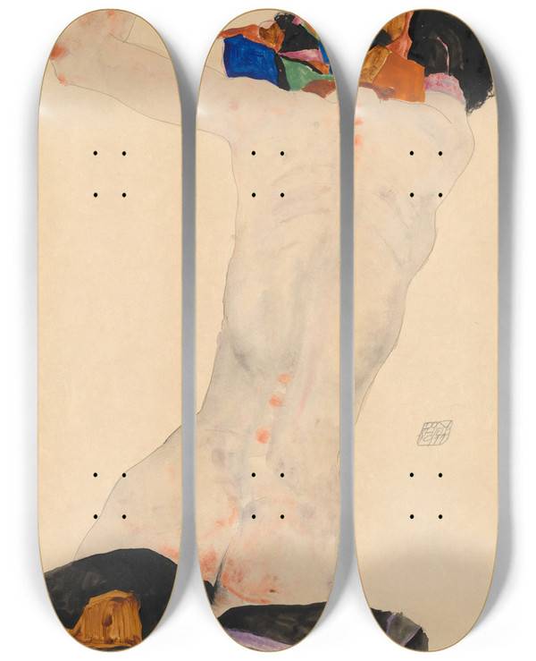 Triptych art skateboard deck of Egon Schiele Rckenakt Mit Buntem Tuch by Egon Schiele (1890-1918)