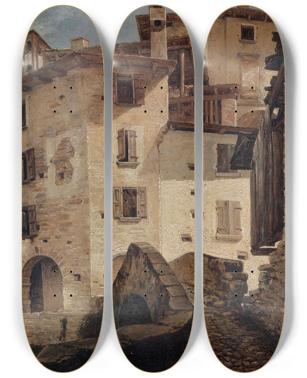 Triptych art skateboard deck of Pompeo Pozzi Veduta Di Ness by Pompeo Pozzi (1817-1888)