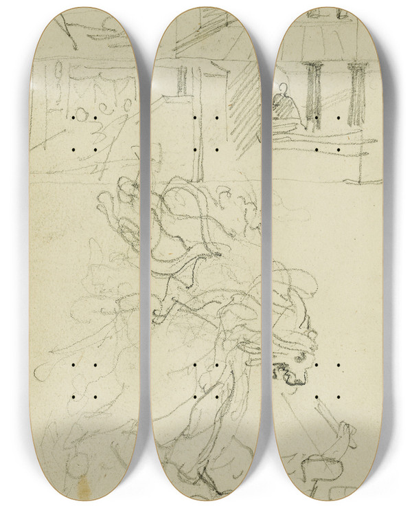Triptych art skateboard deck of Thodore Gricault Two Compositional Studies Of A Lion Hunt_1 by Theodore Gericault (1791-1824)
