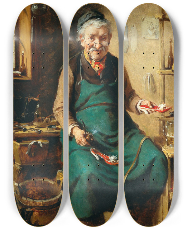 Triptych art skateboard deck of Hermann Kern Der Schuster by Hermann Kern (1838-1912)