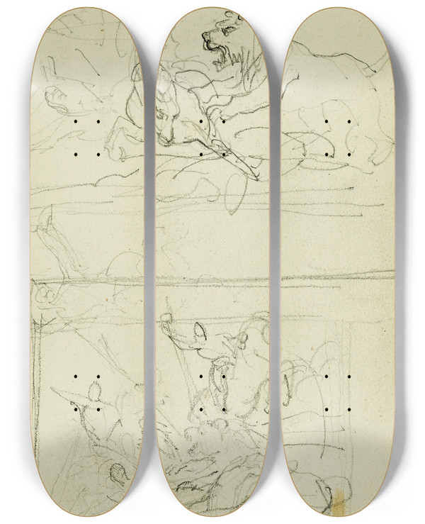 Triptych art skateboard deck of Thodore Gricault Two Compositional Studies Of A Lion Hunt_2 by Theodore Gericault (1791-1824)