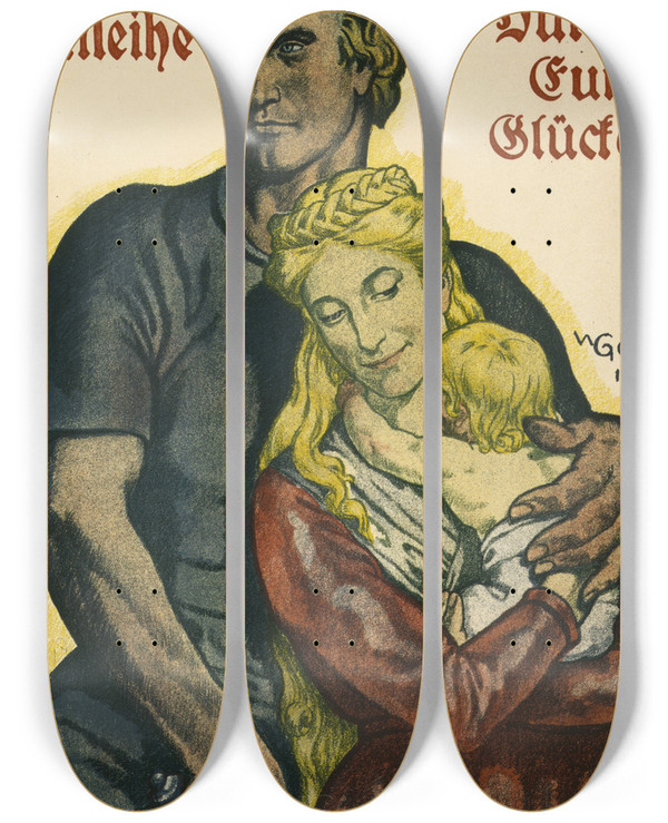 Triptych art skateboard deck of Walter Georgi Kriegsanleihe Helft Den Htern Eures Glckes by Walter Georgi (1871-1924)