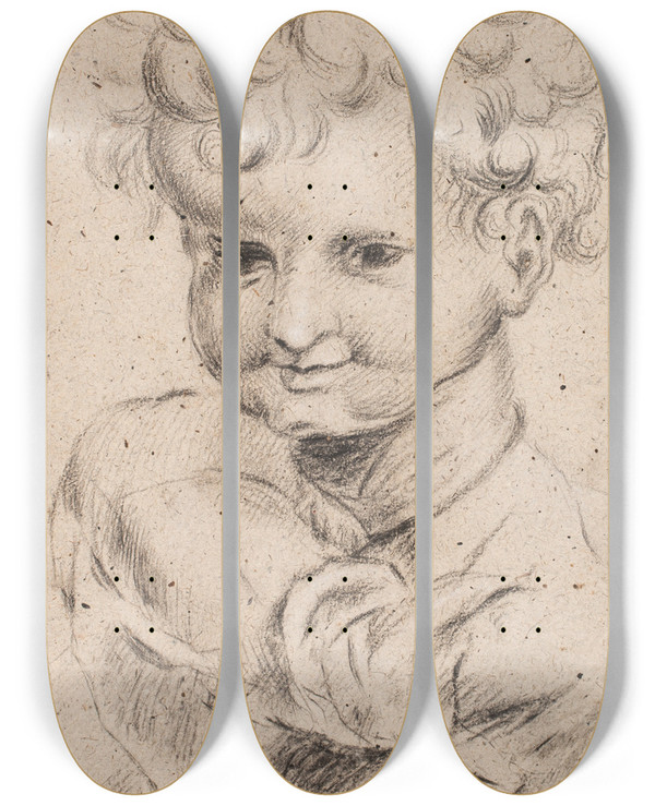 Triptych art skateboard deck of Hendrik Krock Barnestudie Hoved Og Overkrop by Hendrik Krock (1671-1738)