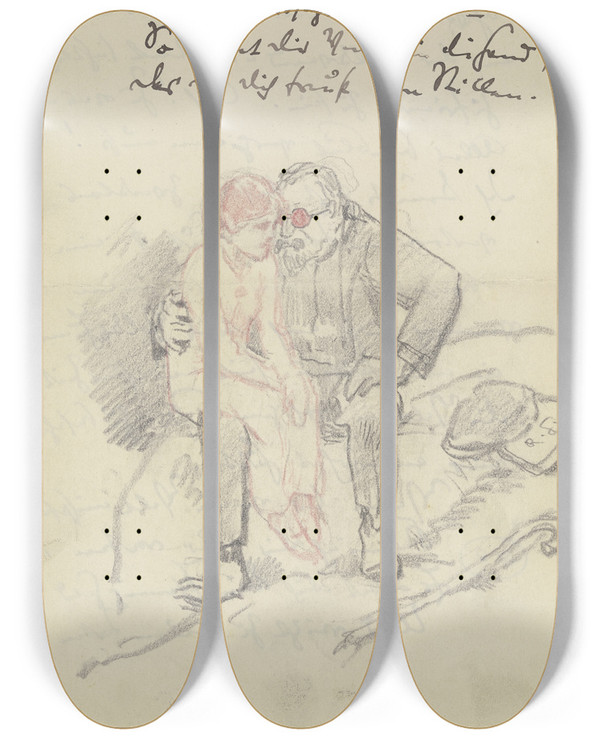 Triptych art skateboard deck of Rudolf Gudden Ein Mdchen Auf Dem Scho Eines Lteren by Rudolf Gudden (1863-1935)