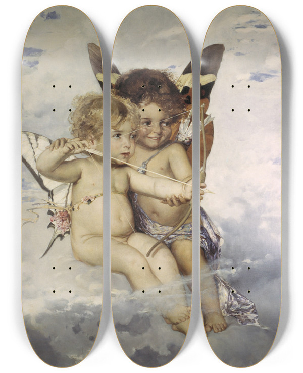 Triptych art skateboard deck of Julius Kronberg Cupids by Julius Kronberg (1850-1921)