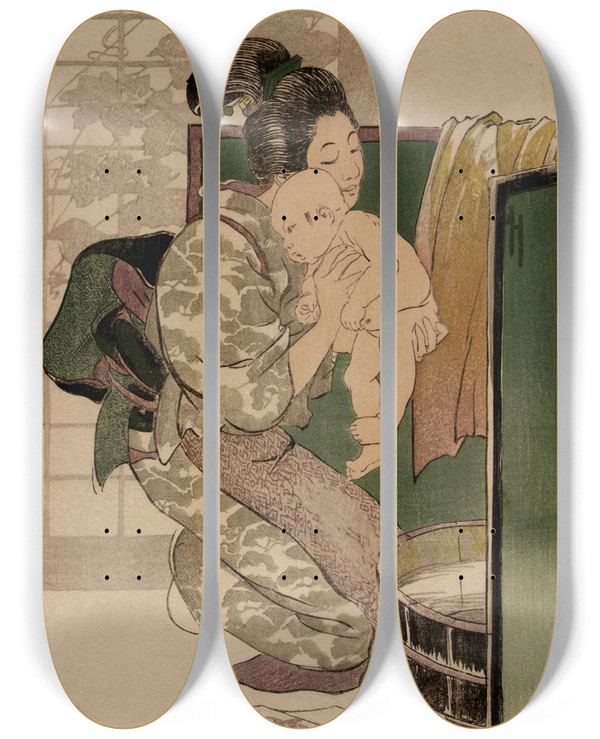 Triptych art skateboard deck of Helen Hyde The Bath by Helen Hyde (1868-1919)