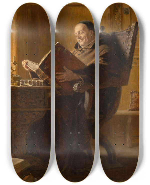 Triptych art skateboard deck of Eduard Von Grtzner Studying Monk by Eduard Von Grutzner (1848-1925)