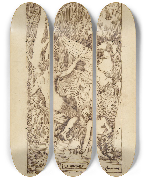 Triptych art skateboard deck of Pierre Puvis De Chavannes Fantasy by Pierre Puvis De Chavannes (1824-1898)