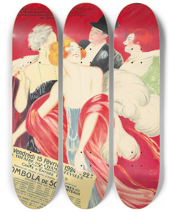 Triptych art skateboard deck of Leonetto Cappiello Bal De La Couture Parisienne by Leonetto Cappiello (1875-1942)