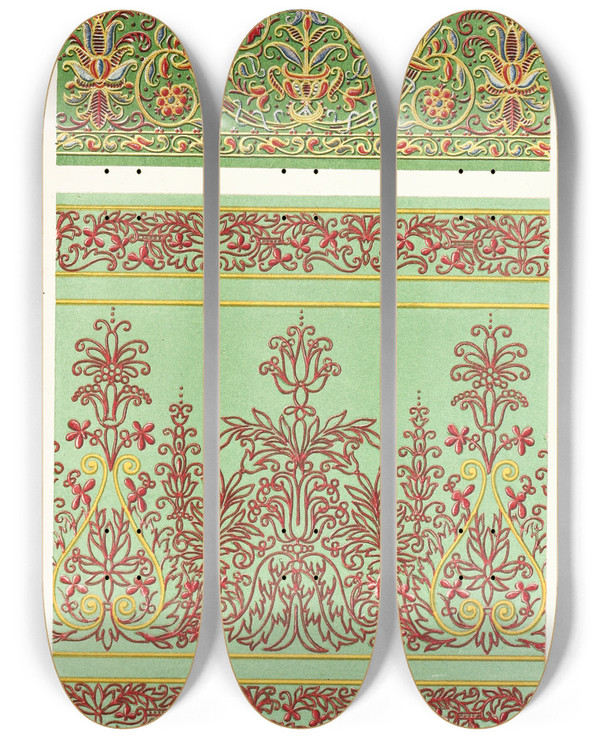 Triptych art skateboard deck of John Charles Robinson Italian Cinquecento Embroidered Silks by John Charles Robinson (1824-1913)