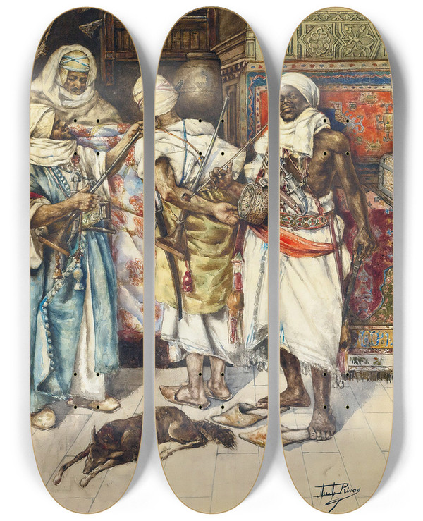 Triptych art skateboard deck of Antonio Rivas The Guards by Antonio Rivas (1845-1911)