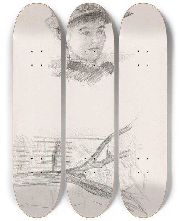Triptych art skateboard deck of Signe Scheel Frken Schneider Og Trestudie by Signe Scheel (1860-1942)
