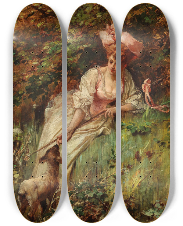 Triptych art skateboard deck of Maynard Brown A Shepherdess by Maynard Brown (1840-1900)