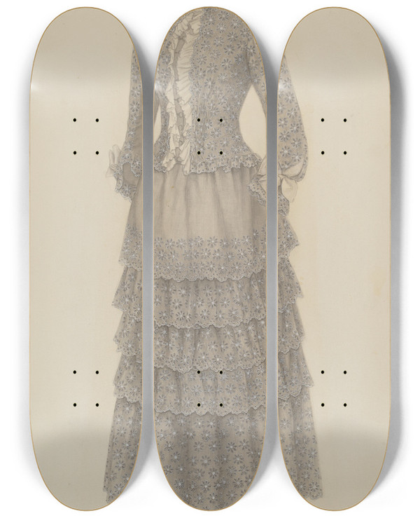 Triptych art skateboard deck of Mina Greene Bustle Dress by Mina Greene