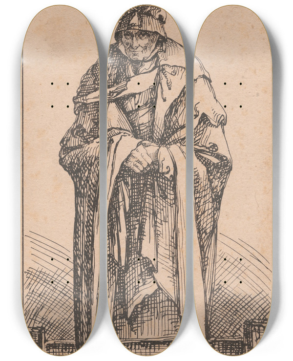 Triptych art skateboard deck of Thomas Barker An Old Woman by Thomas Barker (1769-1847)