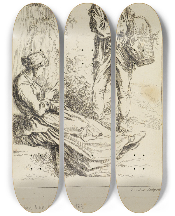 Triptych art skateboard deck of Franois Boucher Figure Studies_3 by Francois Boucher (1703-1770)