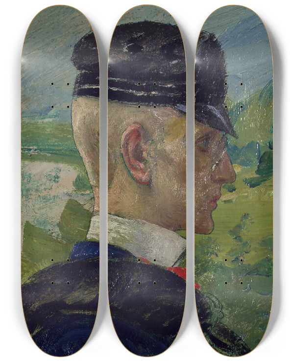 Triptych art skateboard deck of Carl Larsson Portrait Of A Boy Study For Morning Prayers by Carl Larsson (1853-1919)