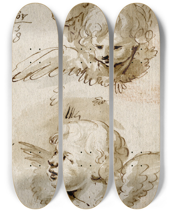 Triptych art skateboard deck of Jacob De Wit Twee Cherubs by Jacob de Wit (1695-1754)