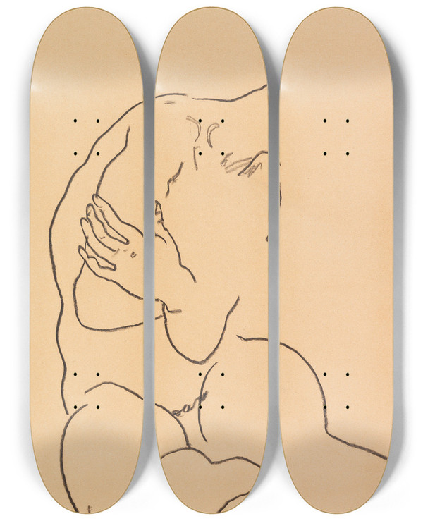 Triptych art skateboard deck of Egon Schiele Sitzender Weiblicher Torso by Egon Schiele (1890-1918)