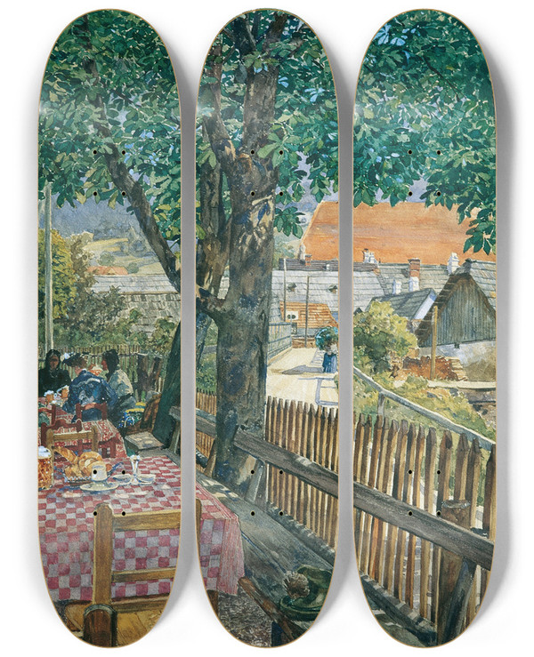 Triptych art skateboard deck of Rudolf Bernt Wirtshausgarten by Rudolf Bernt (1844-1914)