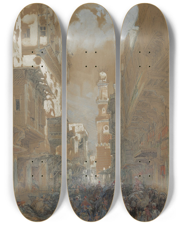 Triptych art skateboard deck of David Roberts Mosque El Mooristan Cairo Egypt by David Roberts (1796-1864)