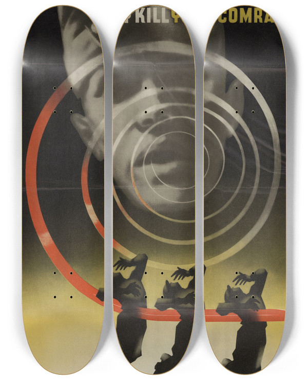 Triptych art skateboard deck of Abram Games Your Talk May Kill Your Comrades by Abram Games (1914-1996)