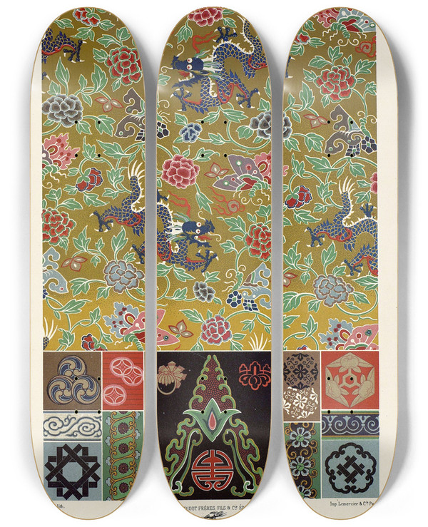 Triptych art skateboard deck of Auguste Racinet Chinois Et Japonais 2 by Auguste Racinet (1825-1893)