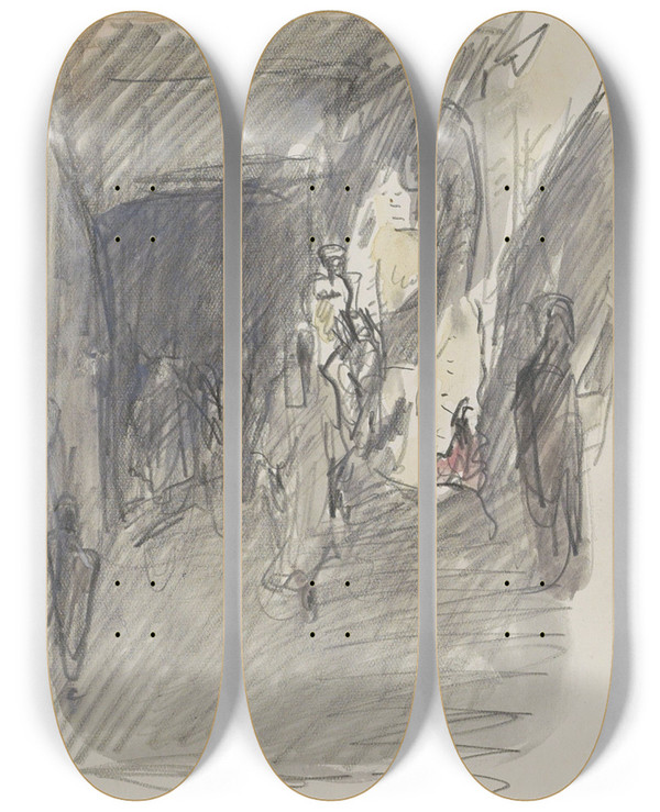 Triptych art skateboard deck of Marius Bauer Overdekte Straat Met Figuren by Marius Bauer (1867-1932)