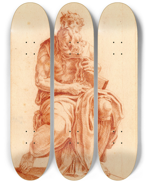 Triptych art skateboard deck of Cornelis Pronk De Mozes Van Michelangelo by Cornelis Pronk (1691-1759)