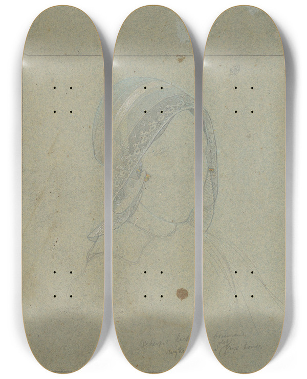 Triptych art skateboard deck of Jan Veth Jonge Vrouw Met Kap by Jan Veth (1864-1925)