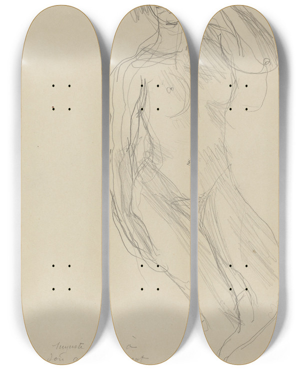 Triptych art skateboard deck of Auguste Rodin Seated Female Nude Looking Forward by Auguste Rodin (1840-1917)