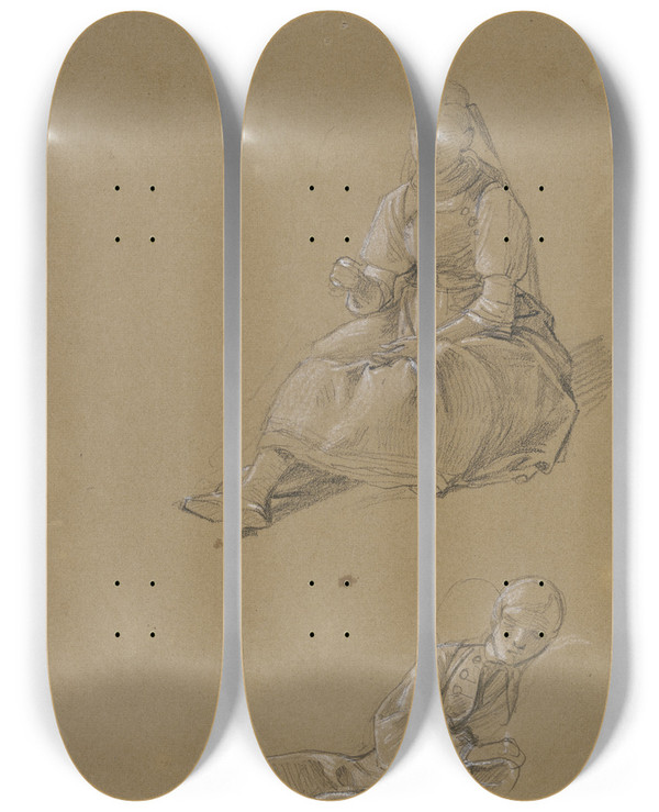 Triptych art skateboard deck of Jakob Becker Studienblatt Auf De Erde Sitzendes Bauernmdchen Schlafender Bauernjunge by Jakob Becker (1810-1872)