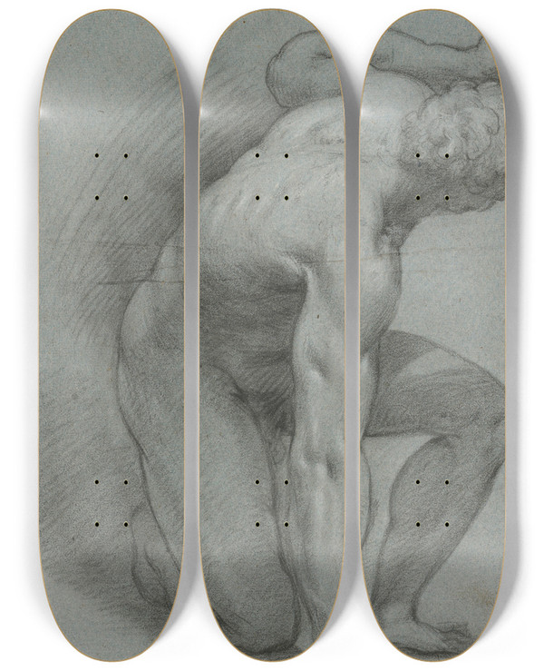 Triptych art skateboard deck of Agostino Carracci Kneeling Figure by Agostino Carracci (1557-1602)