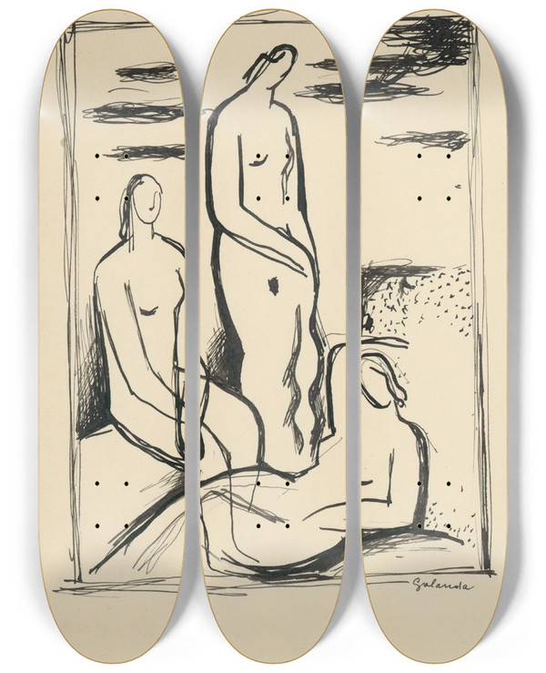 Triptych art skateboard deck of Mikul Galanda Tri Eny by Mikulas Galanda (1895-1938)
