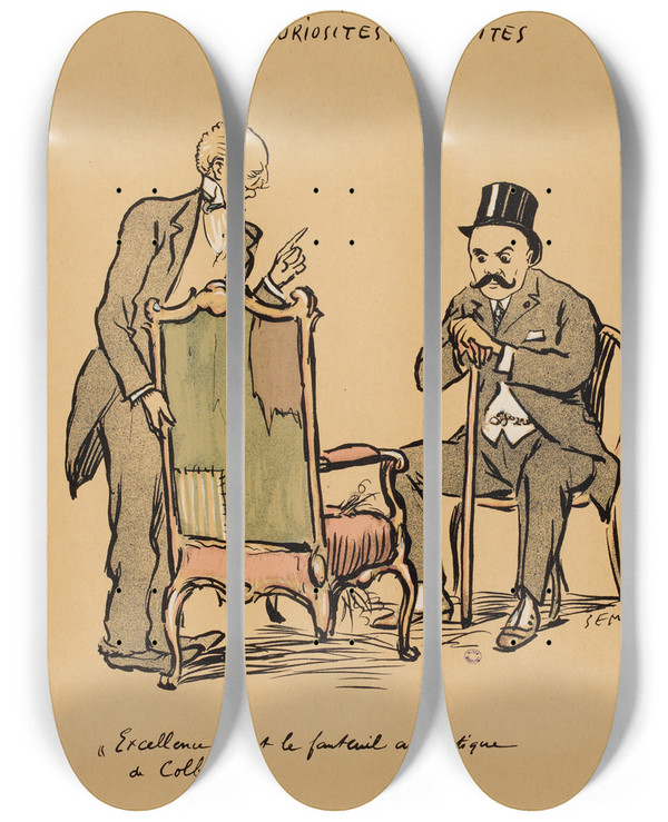 Triptych art skateboard deck of Georges Goursat Sem Curiosits Antiquits by Georges Goursat (Sem) (1863-1934)