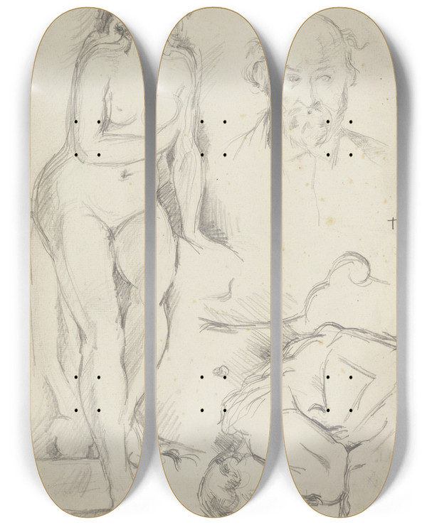 Triptych art skateboard deck of Paul Czanne Studies Of Three Figures Including A Selfportrait by Paul Cezanne (1839-1906)