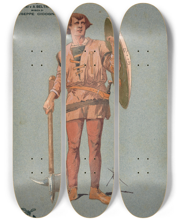 Triptych art skateboard deck of Pipein Gamba Soldato Comparse by Pipein Gamba (1868-1954)
