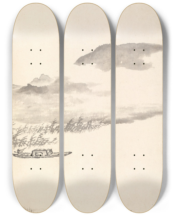 Triptych art skateboard deck of Min Zhen River Landscape by Min Zhen (1730-1788)